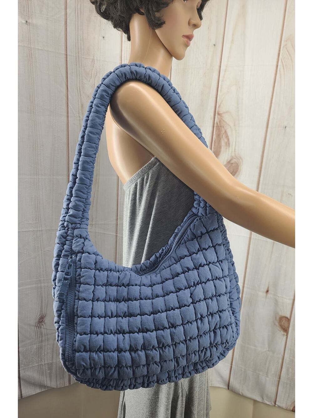 Isa & Steph Stylish Quilted Shoulder Hobo Carryall Bag in Slate Blue Zip Close